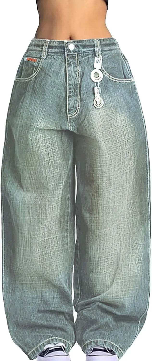 EMMIOL Women Hip Hop Baggy Jeans Wide Leg Mid-Low Waist Jeans Loose Boyfriends Jeans 90s Vintage Denim Pants