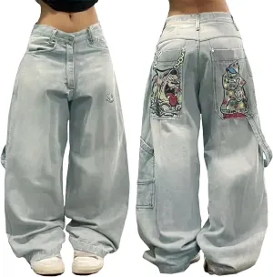 EMMIOL Women Hip Hop Baggy Jeans Wide Leg Mid-Low Waist Jeans Loose Boyfriends Jeans 90s Vintage Denim Pants