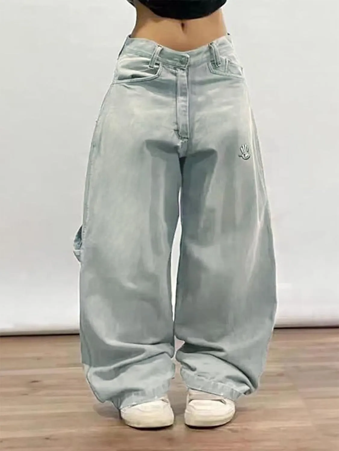 EMMIOL Women Hip Hop Baggy Jeans Wide Leg Mid-Low Waist Jeans Loose Boyfriends Jeans 90s Vintage Denim Pants
