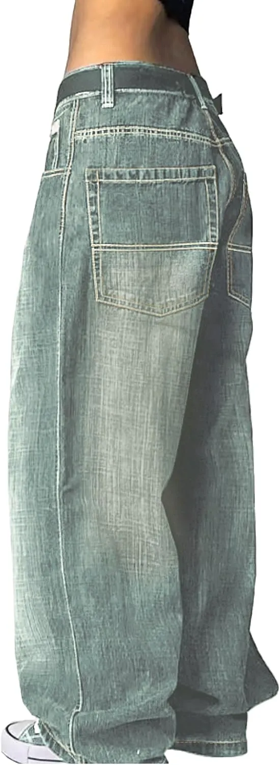 EMMIOL Women Hip Hop Baggy Jeans Wide Leg Mid-Low Waist Jeans Loose Boyfriends Jeans 90s Vintage Denim Pants