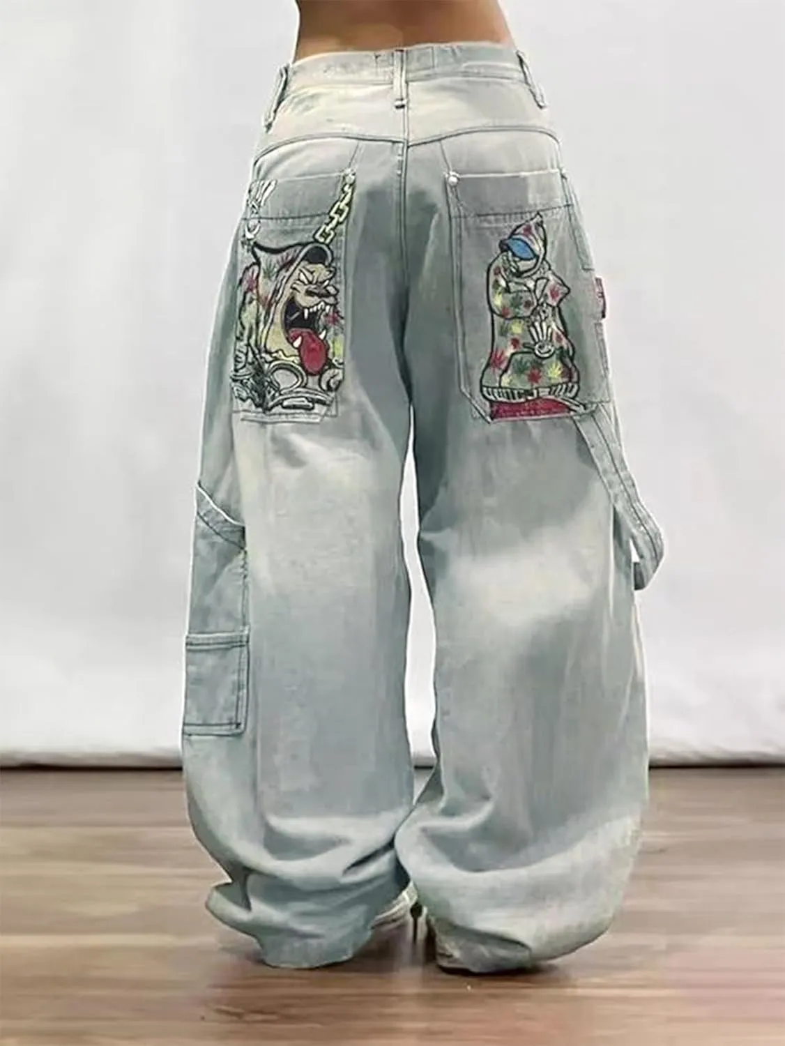 EMMIOL Women Hip Hop Baggy Jeans Wide Leg Mid-Low Waist Jeans Loose Boyfriends Jeans 90s Vintage Denim Pants
