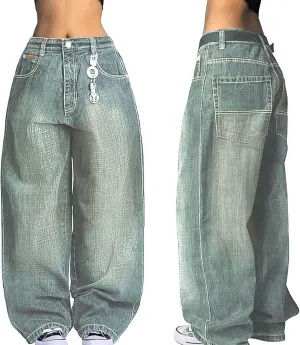 EMMIOL Women Hip Hop Baggy Jeans Wide Leg Mid-Low Waist Jeans Loose Boyfriends Jeans 90s Vintage Denim Pants