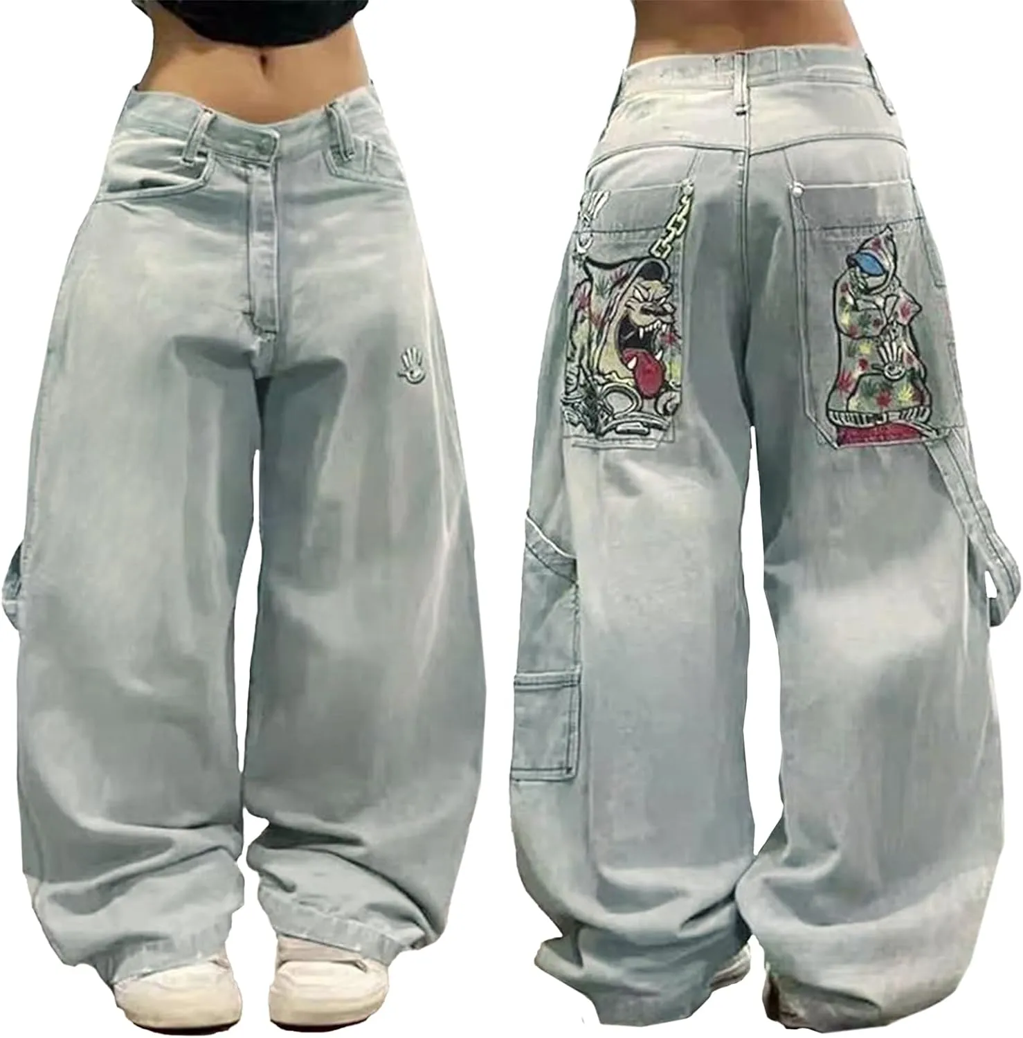 EMMIOL Women Hip Hop Baggy Jeans Wide Leg Mid-Low Waist Jeans Loose Boyfriends Jeans 90s Vintage Denim Pants