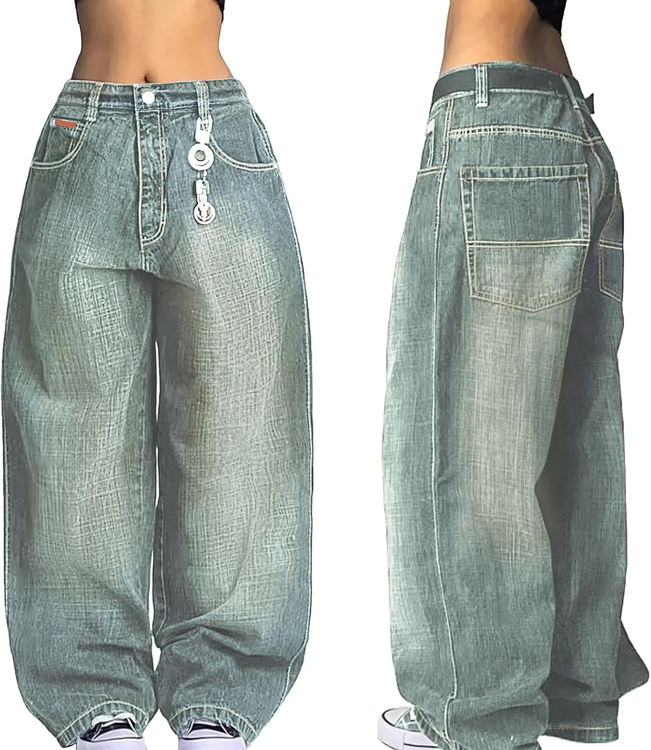 EMMIOL Women Hip Hop Baggy Jeans Wide Leg Mid-Low Waist Jeans Loose Boyfriends Jeans 90s Vintage Denim Pants