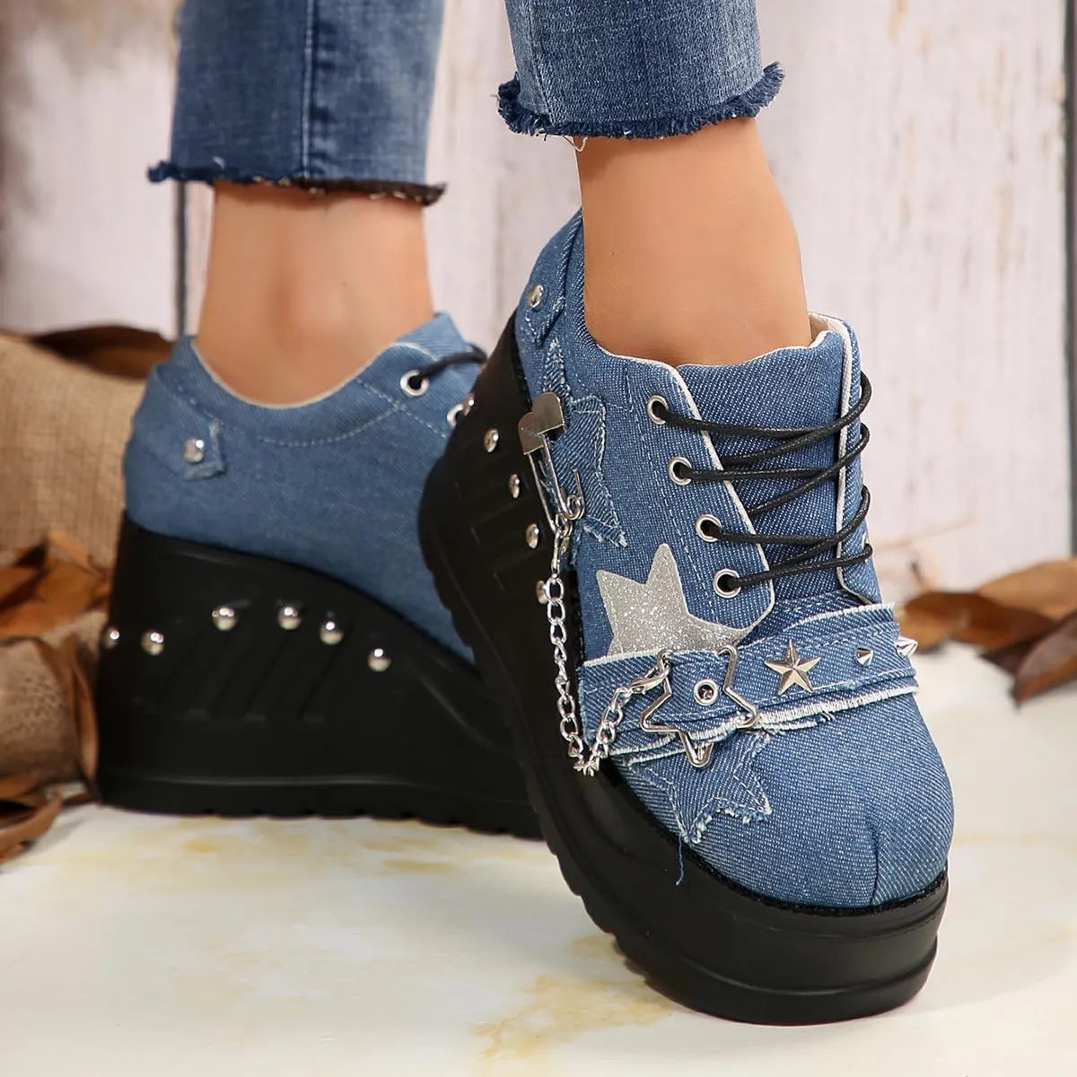 Emo Wedge Shoes Star Y2K Rave Grunge Retro Chunky Shoes for Women Preppy Teen Girls - Non Slip Kawaii Cute Casual Comfortable Walking Lightweight Birthday Gifts Beach Travel Back to School Party