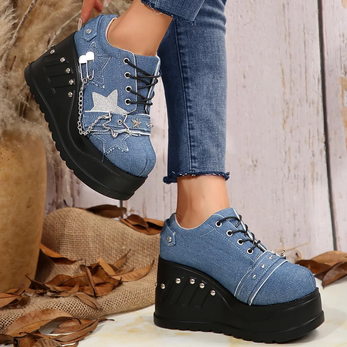 Emo Wedge Shoes Star Y2K Rave Grunge Retro Chunky Shoes for Women Preppy Teen Girls - Non Slip Kawaii Cute Casual Comfortable Walking Lightweight Birthday Gifts Beach Travel Back to School Party