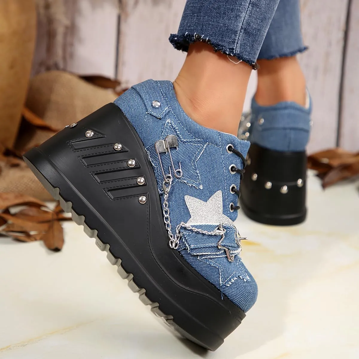 Emo Wedge Shoes Star Y2K Rave Grunge Retro Chunky Shoes for Women Preppy Teen Girls - Non Slip Kawaii Cute Casual Comfortable Walking Lightweight Birthday Gifts Beach Travel Back to School Party