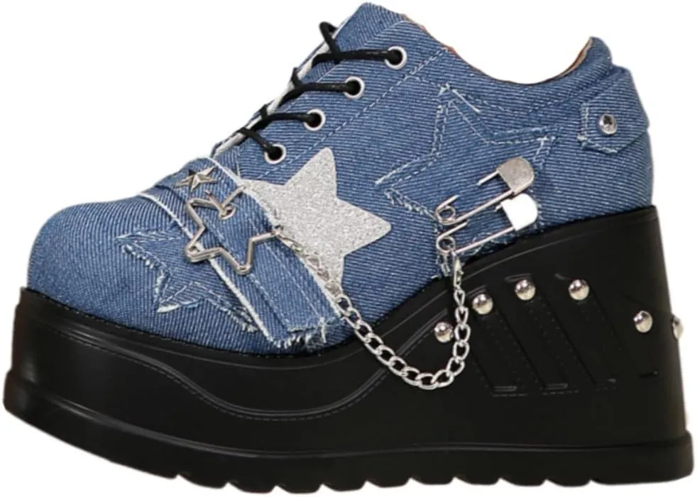 Emo Wedge Shoes Star Y2K Rave Grunge Retro Chunky Shoes for Women Preppy Teen Girls - Non Slip Kawaii Cute Casual Comfortable Walking Lightweight Birthday Gifts Beach Travel Back to School Party
