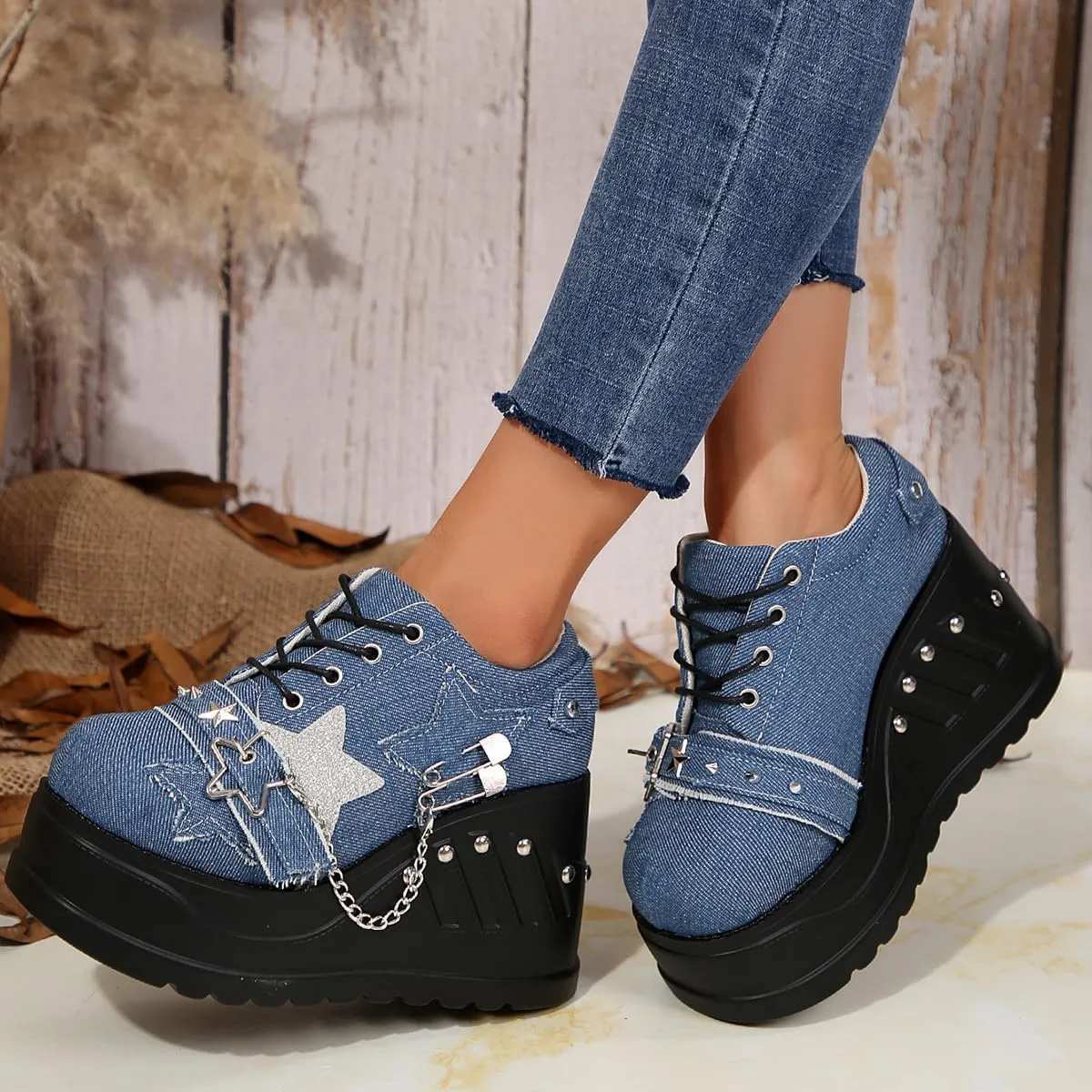 Emo Wedge Shoes Star Y2K Rave Grunge Retro Chunky Shoes for Women Preppy Teen Girls - Non Slip Kawaii Cute Casual Comfortable Walking Lightweight Birthday Gifts Beach Travel Back to School Party