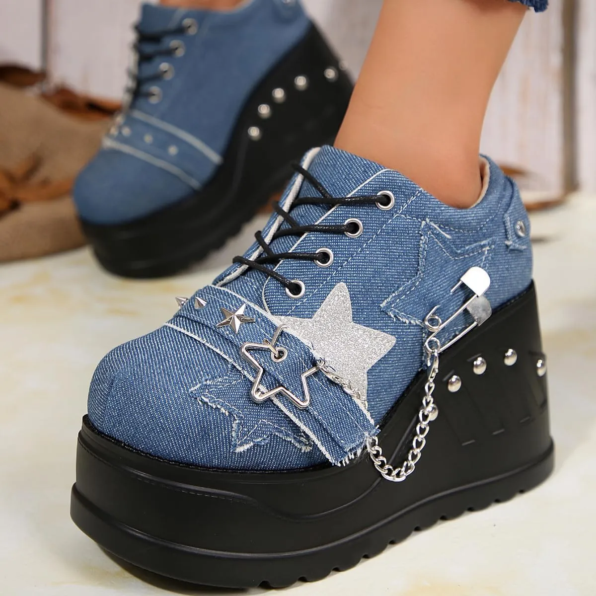 Emo Wedge Shoes Star Y2K Rave Grunge Retro Chunky Shoes for Women Preppy Teen Girls - Non Slip Kawaii Cute Casual Comfortable Walking Lightweight Birthday Gifts Beach Travel Back to School Party