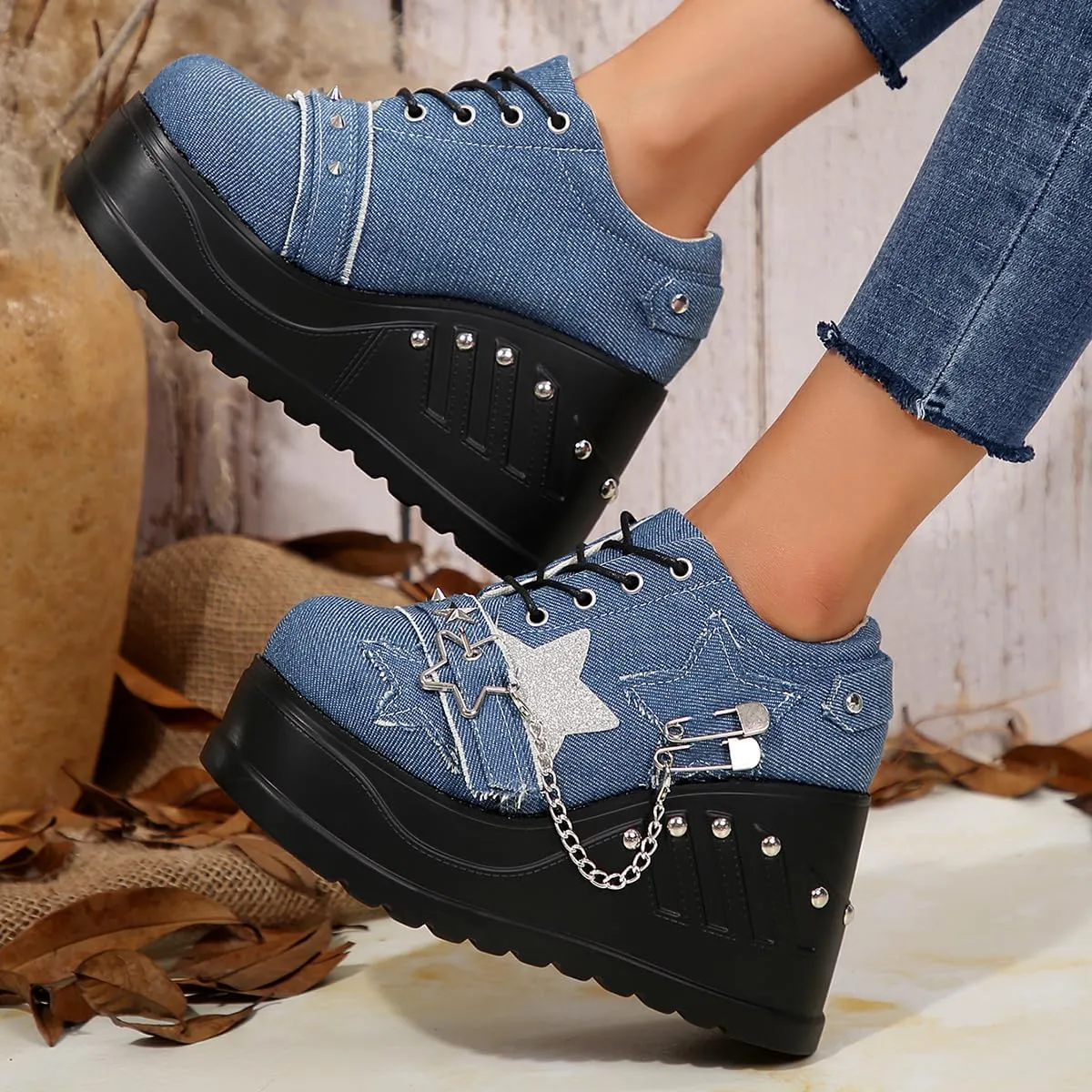 Emo Wedge Shoes Star Y2K Rave Grunge Retro Chunky Shoes for Women Preppy Teen Girls - Non Slip Kawaii Cute Casual Comfortable Walking Lightweight Birthday Gifts Beach Travel Back to School Party