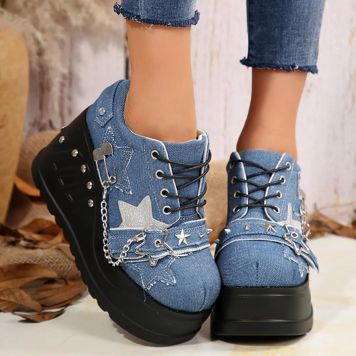 Emo Wedge Shoes Star Y2K Rave Grunge Retro Chunky Shoes for Women Preppy Teen Girls - Non Slip Kawaii Cute Casual Comfortable Walking Lightweight Birthday Gifts Beach Travel Back to School Party