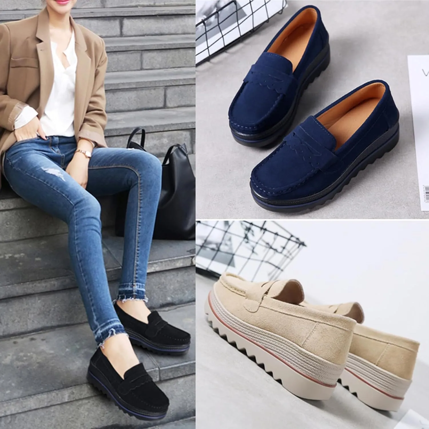 EnllerviiD Women's Platform Loafers Slip-On Comfortable Suede Moccasins Wedge Penny Loafers Thick Soft Platform Lightweight Casual Business Work Shoes