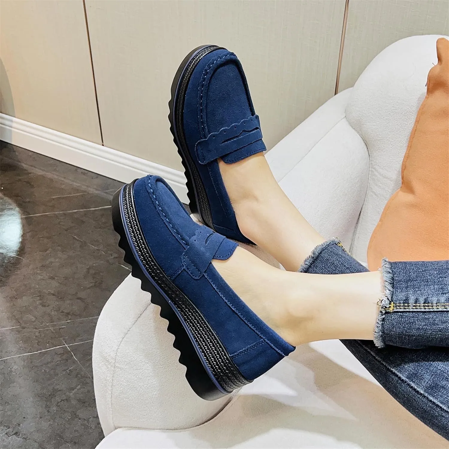 EnllerviiD Women's Platform Loafers Slip-On Comfortable Suede Moccasins Wedge Penny Loafers Thick Soft Platform Lightweight Casual Business Work Shoes