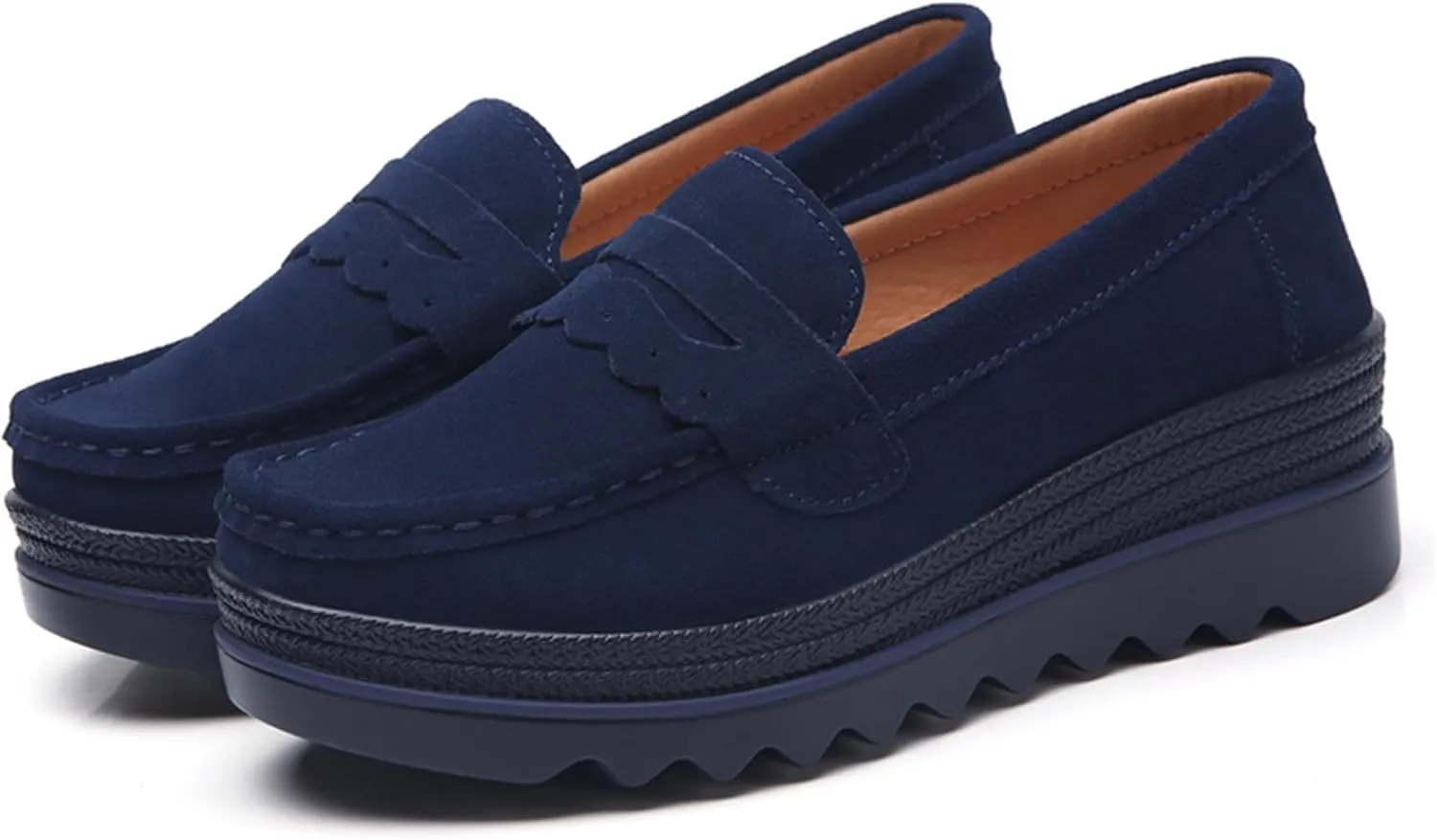 EnllerviiD Women's Platform Loafers Slip-On Comfortable Suede Moccasins Wedge Penny Loafers Thick Soft Platform Lightweight Casual Business Work Shoes