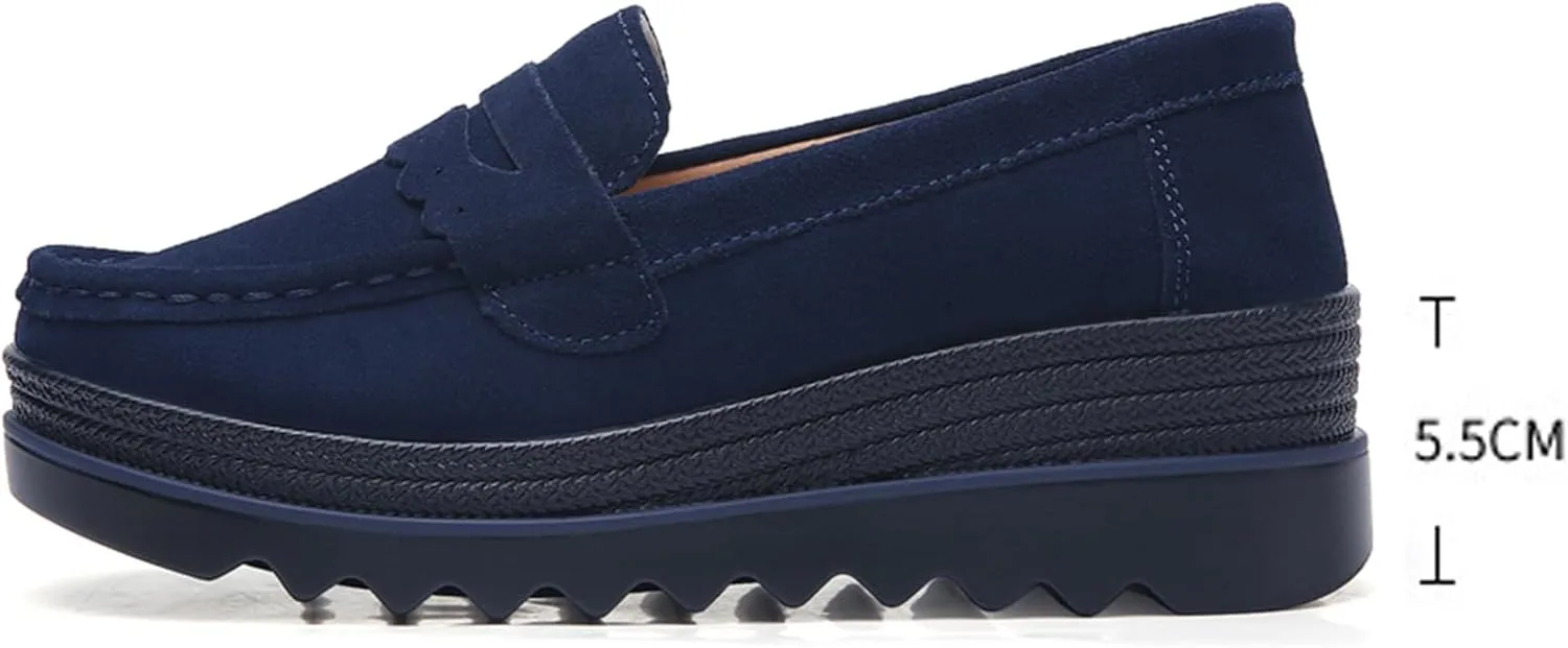 EnllerviiD Women's Platform Loafers Slip-On Comfortable Suede Moccasins Wedge Penny Loafers Thick Soft Platform Lightweight Casual Business Work Shoes