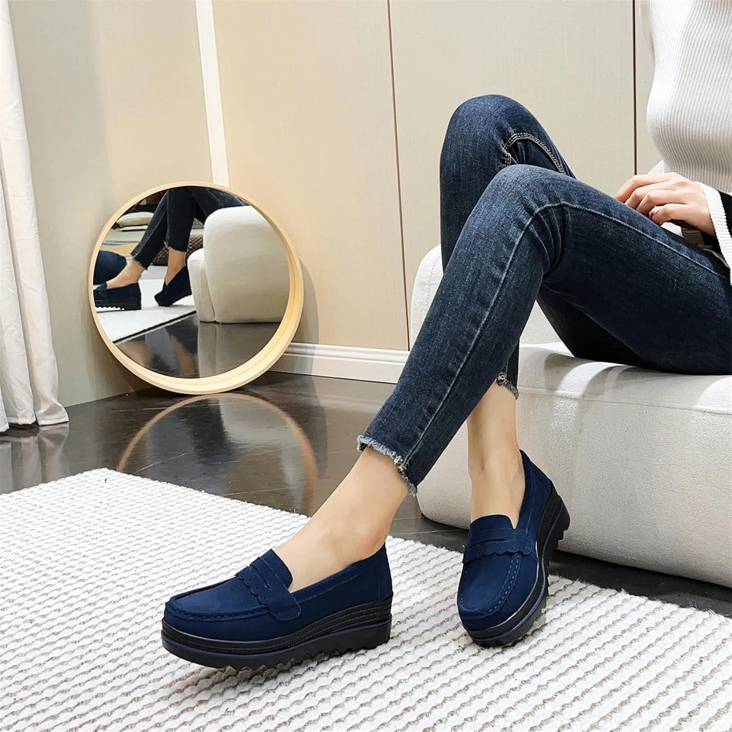 EnllerviiD Women's Platform Loafers Slip-On Comfortable Suede Moccasins Wedge Penny Loafers Thick Soft Platform Lightweight Casual Business Work Shoes