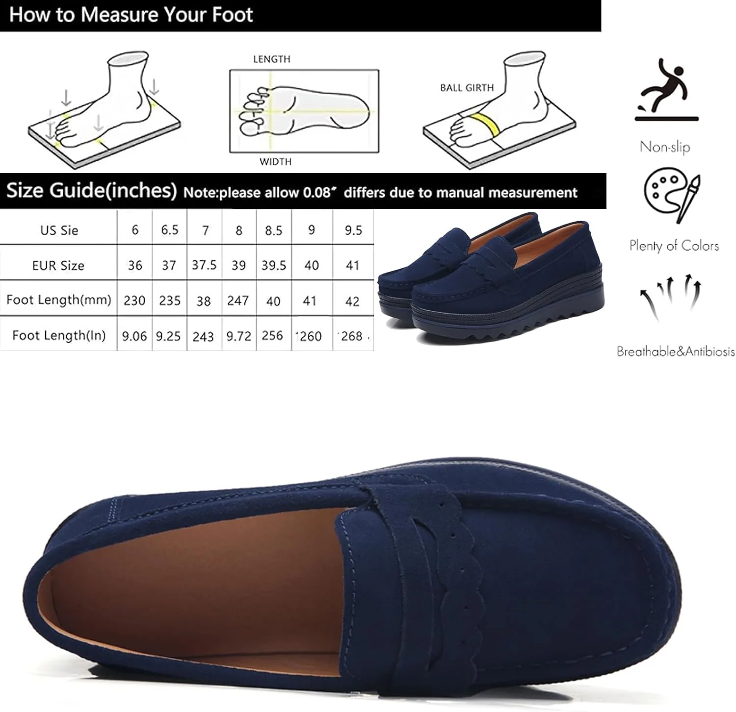 EnllerviiD Women's Platform Loafers Slip-On Comfortable Suede Moccasins Wedge Penny Loafers Thick Soft Platform Lightweight Casual Business Work Shoes