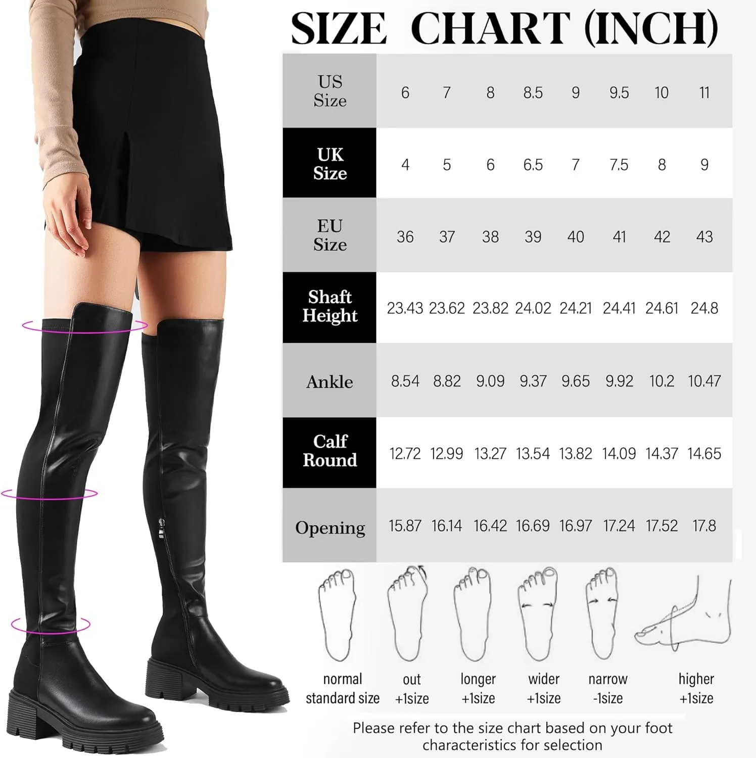 ErikenUrben Women Black Thigh High Boots Suede Over The Knee High Boots Platform Chunky Heel Stretch Boots Zip