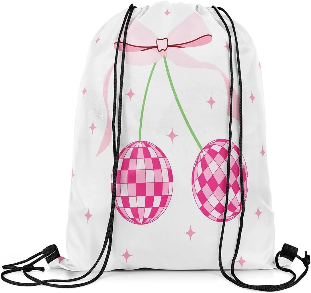 Erosebridal Cartoon Bow Drawstring Backpack,Disco Ball Western Drawstring Bags,Cute Stars String Backpack,Cherry Cinch bag,13x15.7