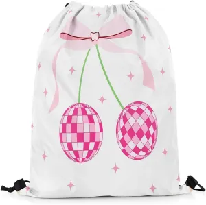 Erosebridal Cartoon Bow Drawstring Backpack,Disco Ball Western Drawstring Bags,Cute Stars String Backpack,Cherry Cinch bag,13x15.7