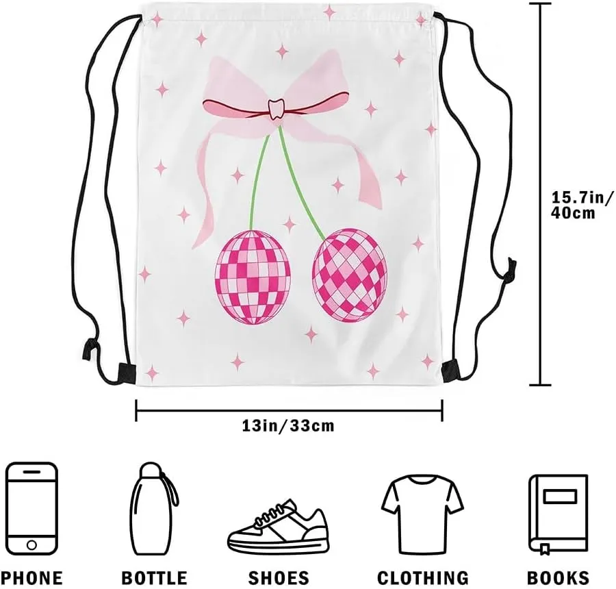 Erosebridal Cartoon Bow Drawstring Backpack,Disco Ball Western Drawstring Bags,Cute Stars String Backpack,Cherry Cinch bag,13x15.7