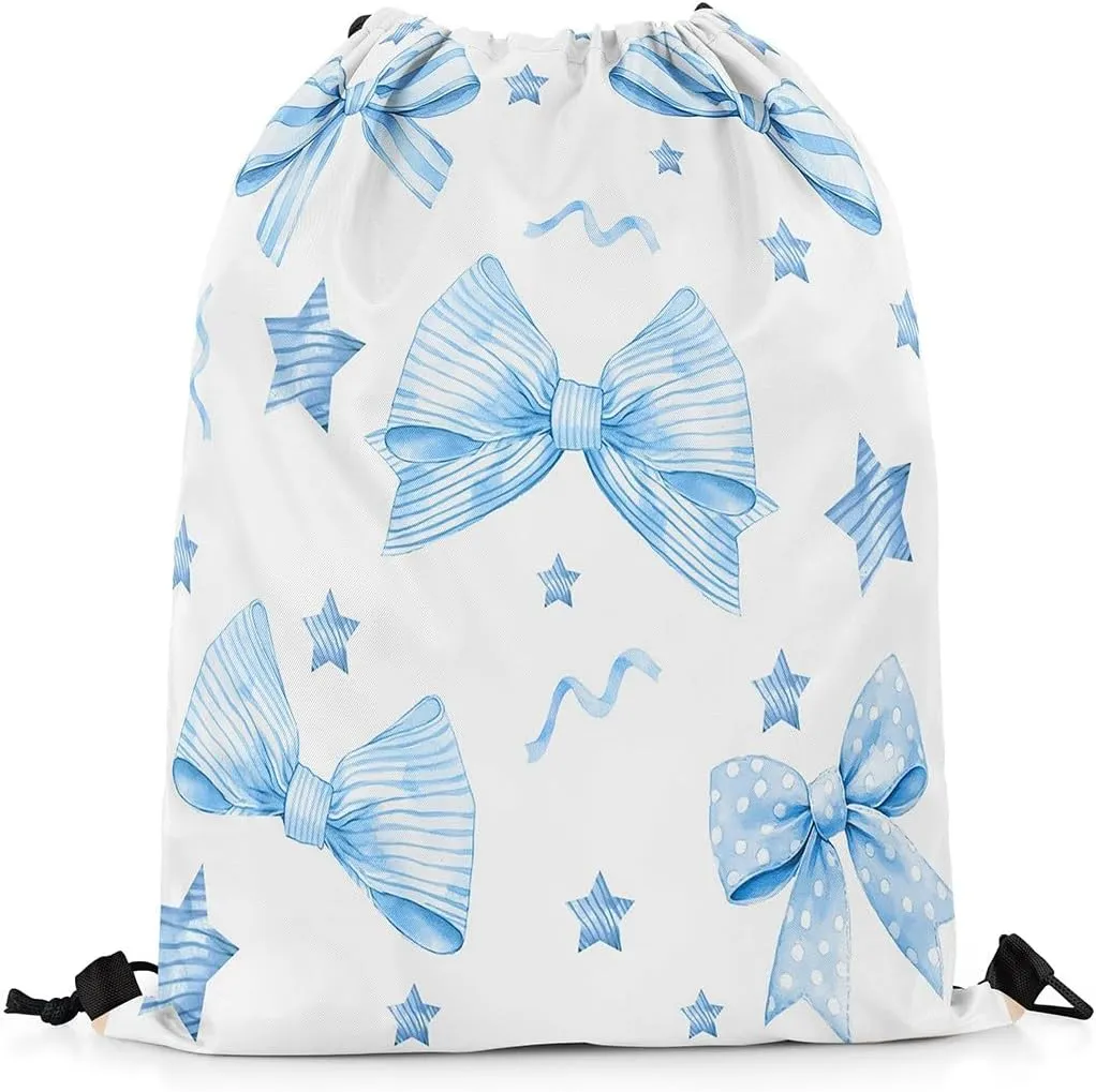 Erosebridal Coquette Pink Bow Drawstring Backpack,Cartoon Striped Stars Cinch bag,Kawaii Bowknot String Backpack,Aesthetic Coquette Drawstring Bags,13x15.7