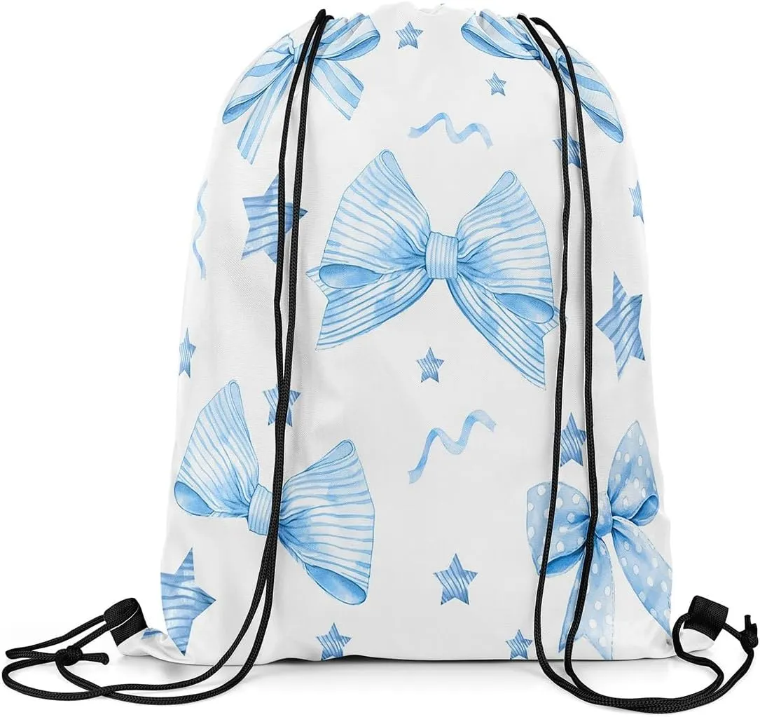 Erosebridal Coquette Pink Bow Drawstring Backpack,Cartoon Striped Stars Cinch bag,Kawaii Bowknot String Backpack,Aesthetic Coquette Drawstring Bags,13x15.7