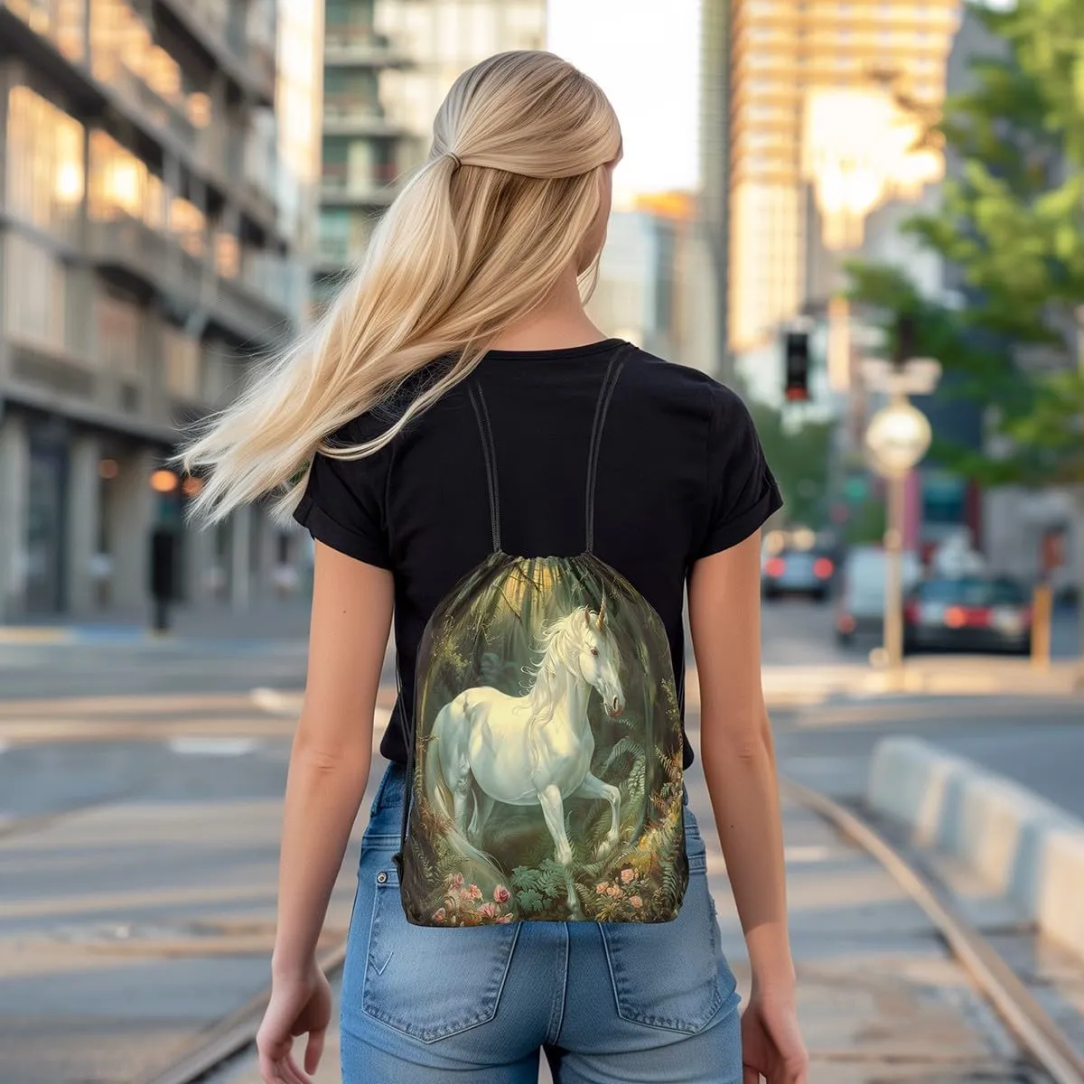 Erosebridal Mystical Unicorn Drawstring Backpack 13x15.7 Fantasy Horse Drawstring Bags Green Wildlife Draw String Back Bag 3D Woodland Tree Florals String Backpack