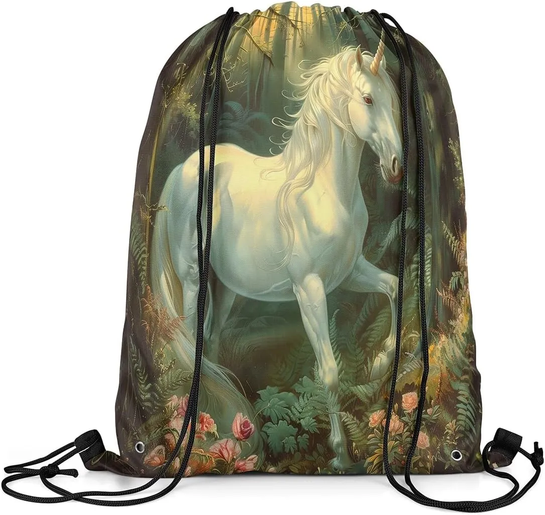 Erosebridal Mystical Unicorn Drawstring Backpack 13x15.7 Fantasy Horse Drawstring Bags Green Wildlife Draw String Back Bag 3D Woodland Tree Florals String Backpack
