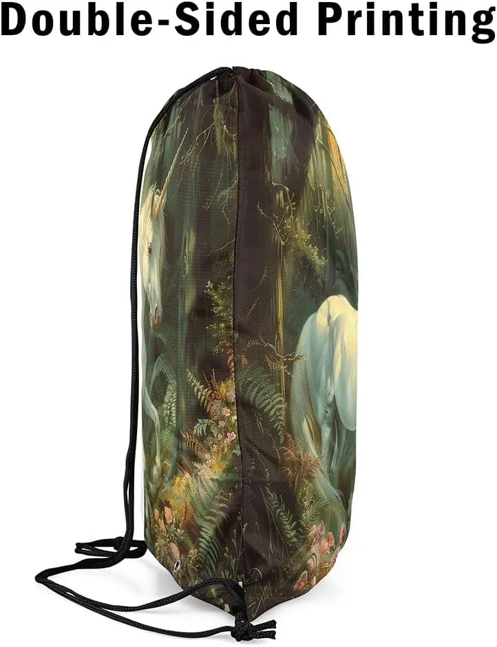 Erosebridal Mystical Unicorn Drawstring Backpack 13x15.7 Fantasy Horse Drawstring Bags Green Wildlife Draw String Back Bag 3D Woodland Tree Florals String Backpack