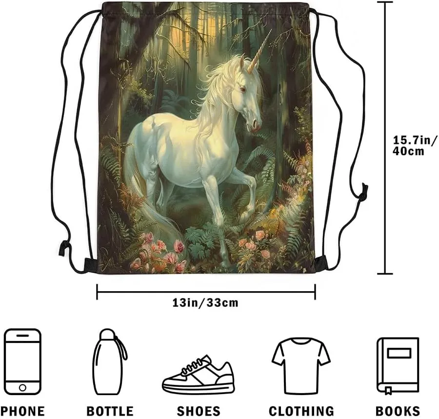 Erosebridal Mystical Unicorn Drawstring Backpack 13x15.7 Fantasy Horse Drawstring Bags Green Wildlife Draw String Back Bag 3D Woodland Tree Florals String Backpack