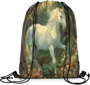 Erosebridal Mystical Unicorn Drawstring Backpack 13x15.7 Fantasy Horse Drawstring Bags Green Wildlife Draw String Back Bag 3D Woodland Tree Florals String Backpack