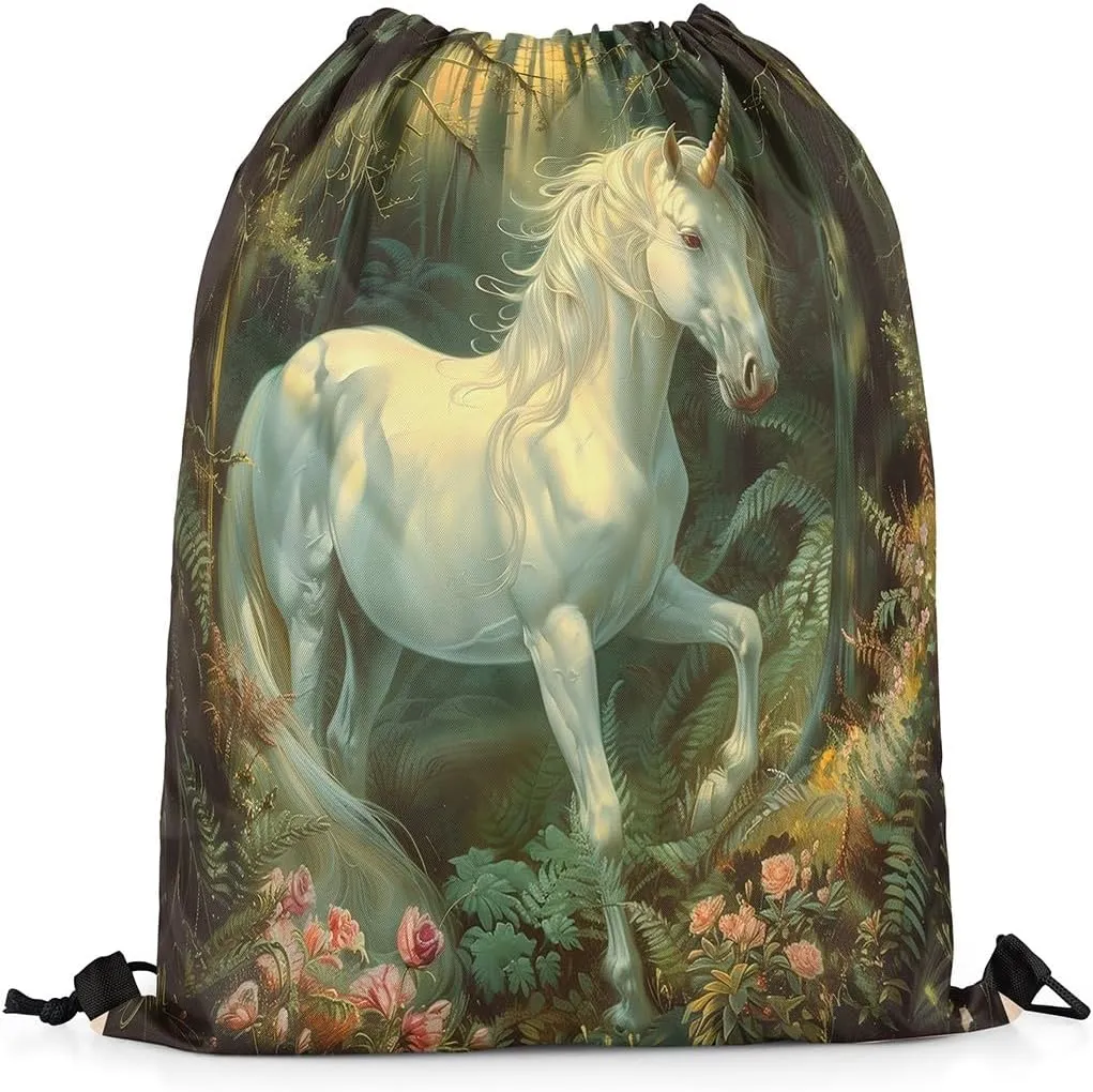 Erosebridal Mystical Unicorn Drawstring Backpack 13x15.7 Fantasy Horse Drawstring Bags Green Wildlife Draw String Back Bag 3D Woodland Tree Florals String Backpack