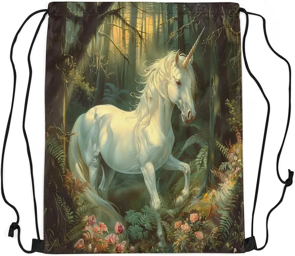Erosebridal Mystical Unicorn Drawstring Backpack 13x15.7 Fantasy Horse Drawstring Bags Green Wildlife Draw String Back Bag 3D Woodland Tree Florals String Backpack