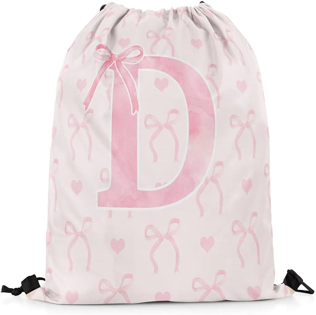 Erosebridal Pink Alphabet D String Bag 13x15.7 Geometric Letter Dreamy Princess Sackpack Aesthetic Butterfly Knot Reversible foldable Cute Love Heart Bowknot Cinch Bag