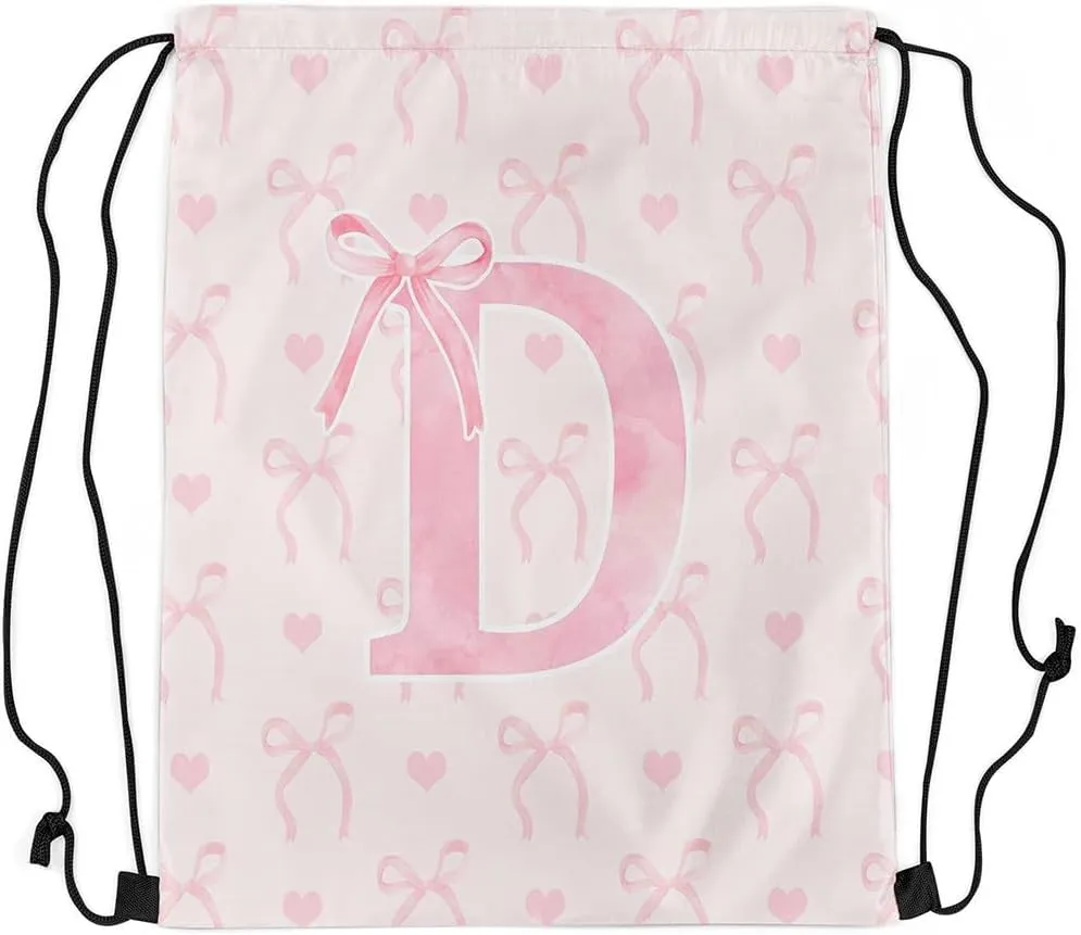 Erosebridal Pink Alphabet D String Bag 13x15.7 Geometric Letter Dreamy Princess Sackpack Aesthetic Butterfly Knot Reversible foldable Cute Love Heart Bowknot Cinch Bag