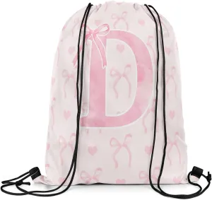 Erosebridal Pink Alphabet D String Bag 13x15.7 Geometric Letter Dreamy Princess Sackpack Aesthetic Butterfly Knot Reversible foldable Cute Love Heart Bowknot Cinch Bag