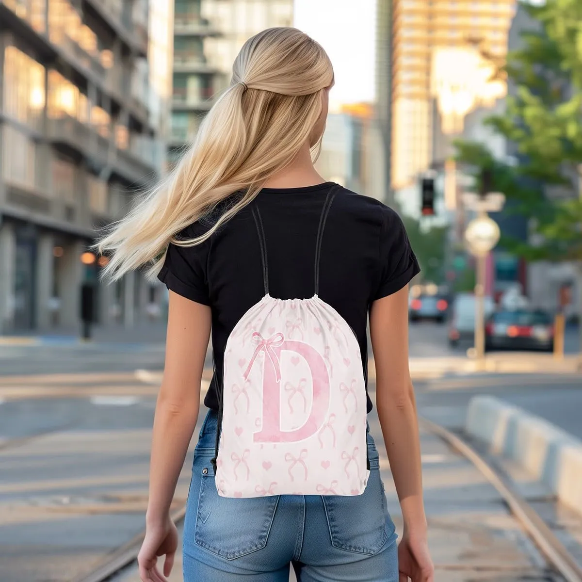 Erosebridal Pink Alphabet D String Bag 13x15.7 Geometric Letter Dreamy Princess Sackpack Aesthetic Butterfly Knot Reversible foldable Cute Love Heart Bowknot Cinch Bag