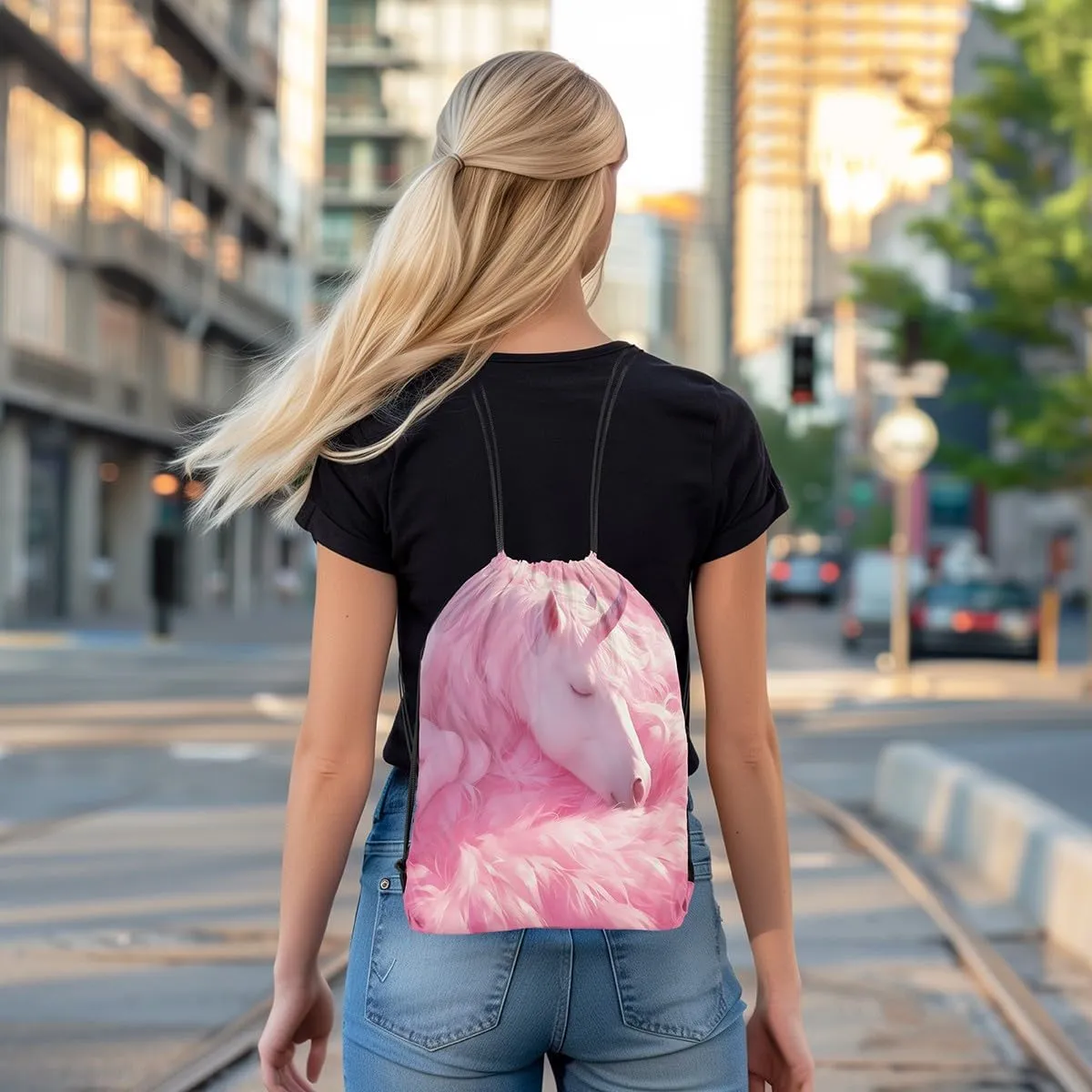 Erosebridal Unicorn Drawstring Backpack 13x15.7 Fantasy Horse Drawstring Bags Pink Mane Mystical Wildlife Fur Draw String Back Bag 3D Cartoon Animal Romantic String Backpack