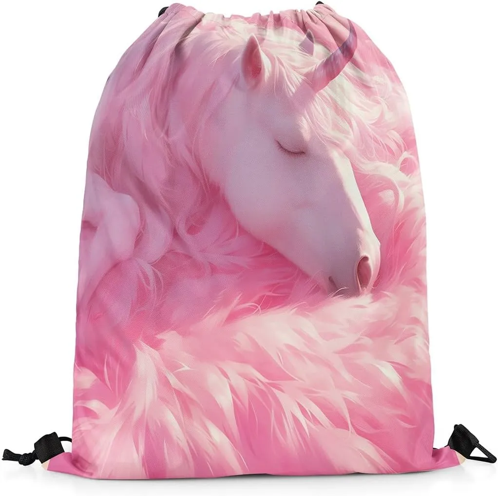 Erosebridal Unicorn Drawstring Backpack 13x15.7 Fantasy Horse Drawstring Bags Pink Mane Mystical Wildlife Fur Draw String Back Bag 3D Cartoon Animal Romantic String Backpack