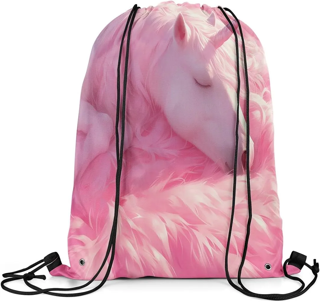 Erosebridal Unicorn Drawstring Backpack 13x15.7 Fantasy Horse Drawstring Bags Pink Mane Mystical Wildlife Fur Draw String Back Bag 3D Cartoon Animal Romantic String Backpack