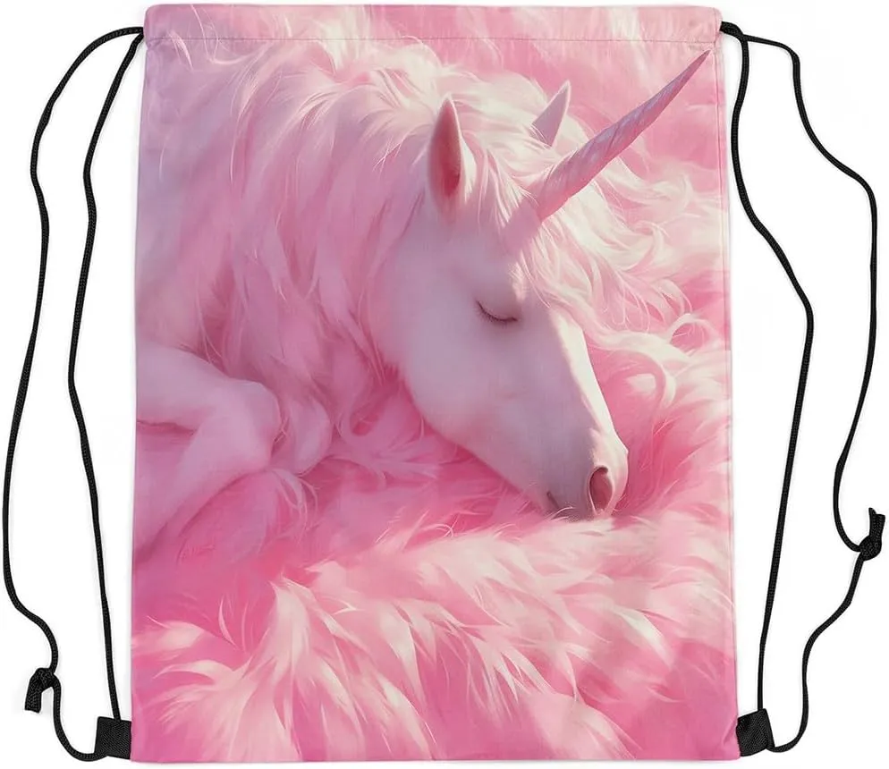 Erosebridal Unicorn Drawstring Backpack 13x15.7 Fantasy Horse Drawstring Bags Pink Mane Mystical Wildlife Fur Draw String Back Bag 3D Cartoon Animal Romantic String Backpack