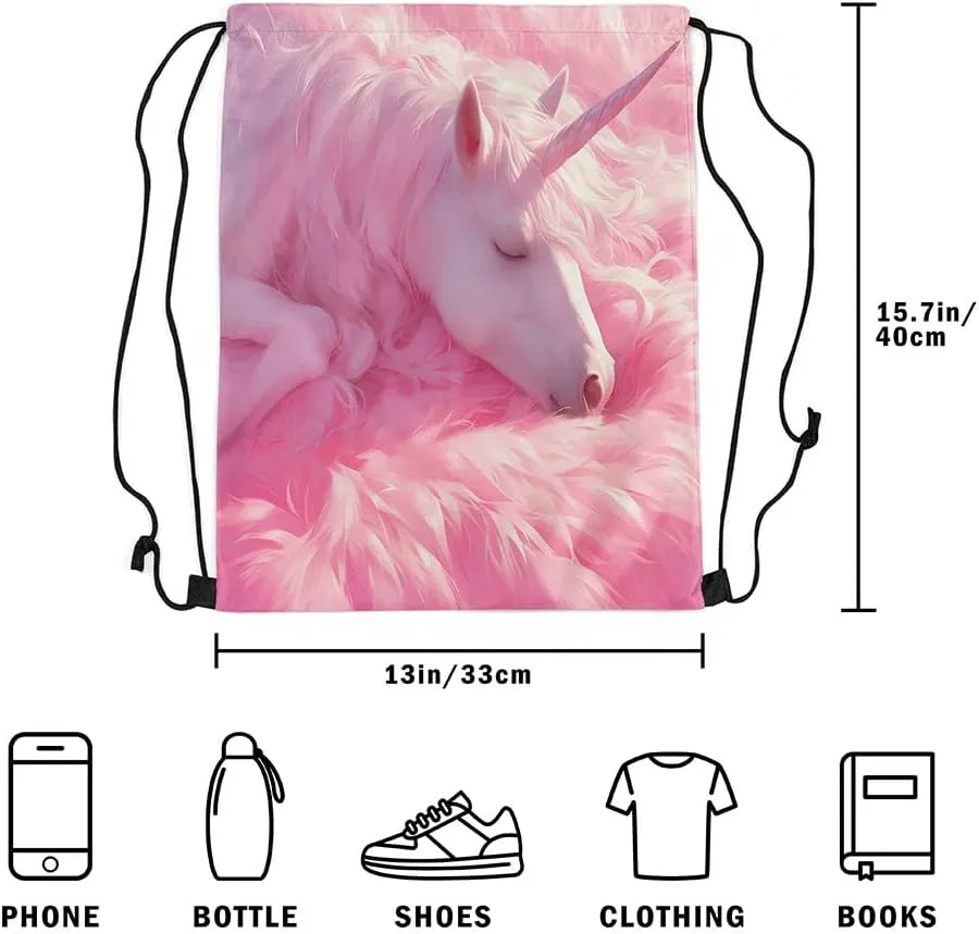 Erosebridal Unicorn Drawstring Backpack 13x15.7 Fantasy Horse Drawstring Bags Pink Mane Mystical Wildlife Fur Draw String Back Bag 3D Cartoon Animal Romantic String Backpack