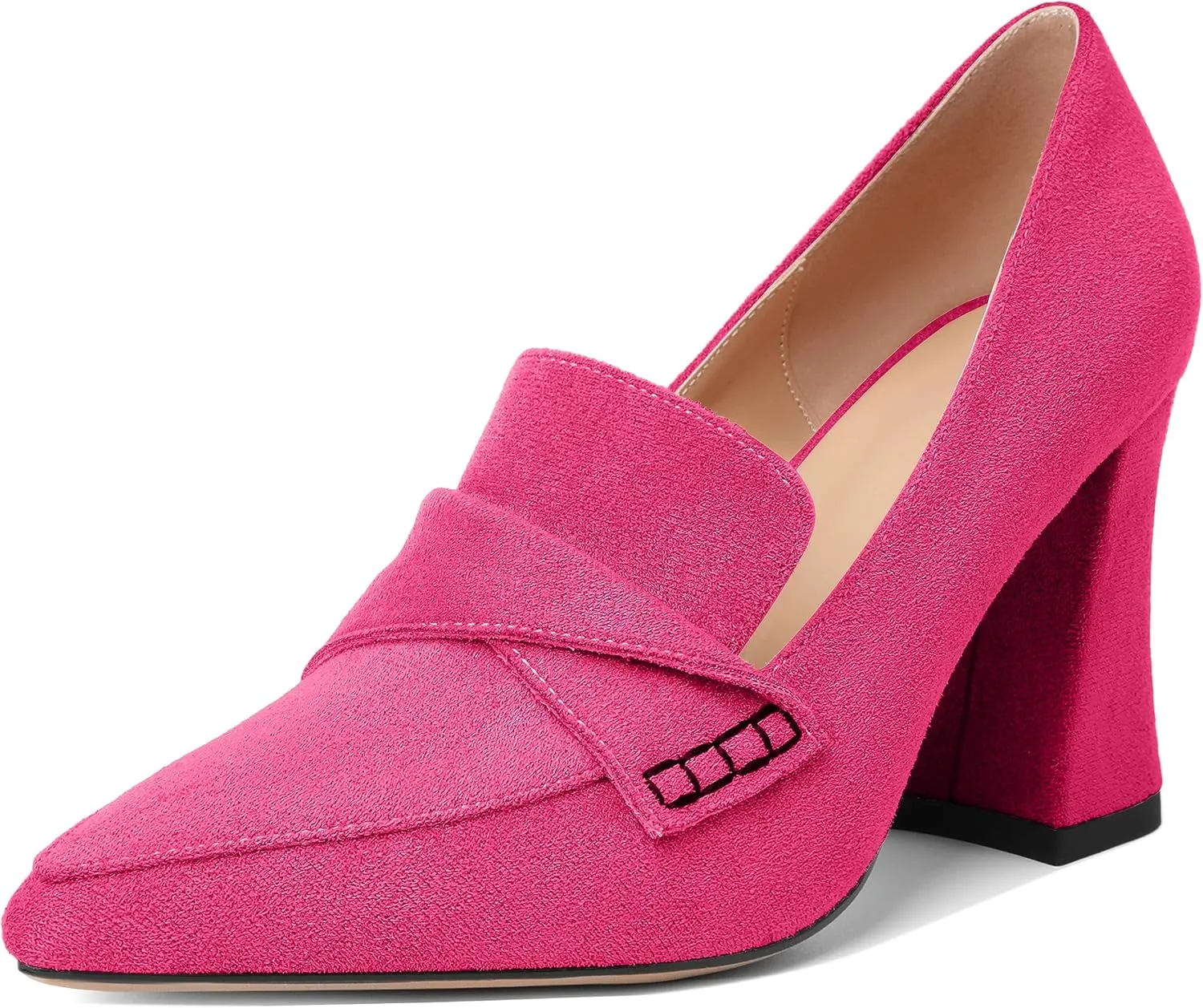 Esvowido Women's High Heel Loafers Block Chunky Heels Slip on Pumps Closed Pointed Toe Comfortable Dress Shoes for Work Office 3.5 Inch