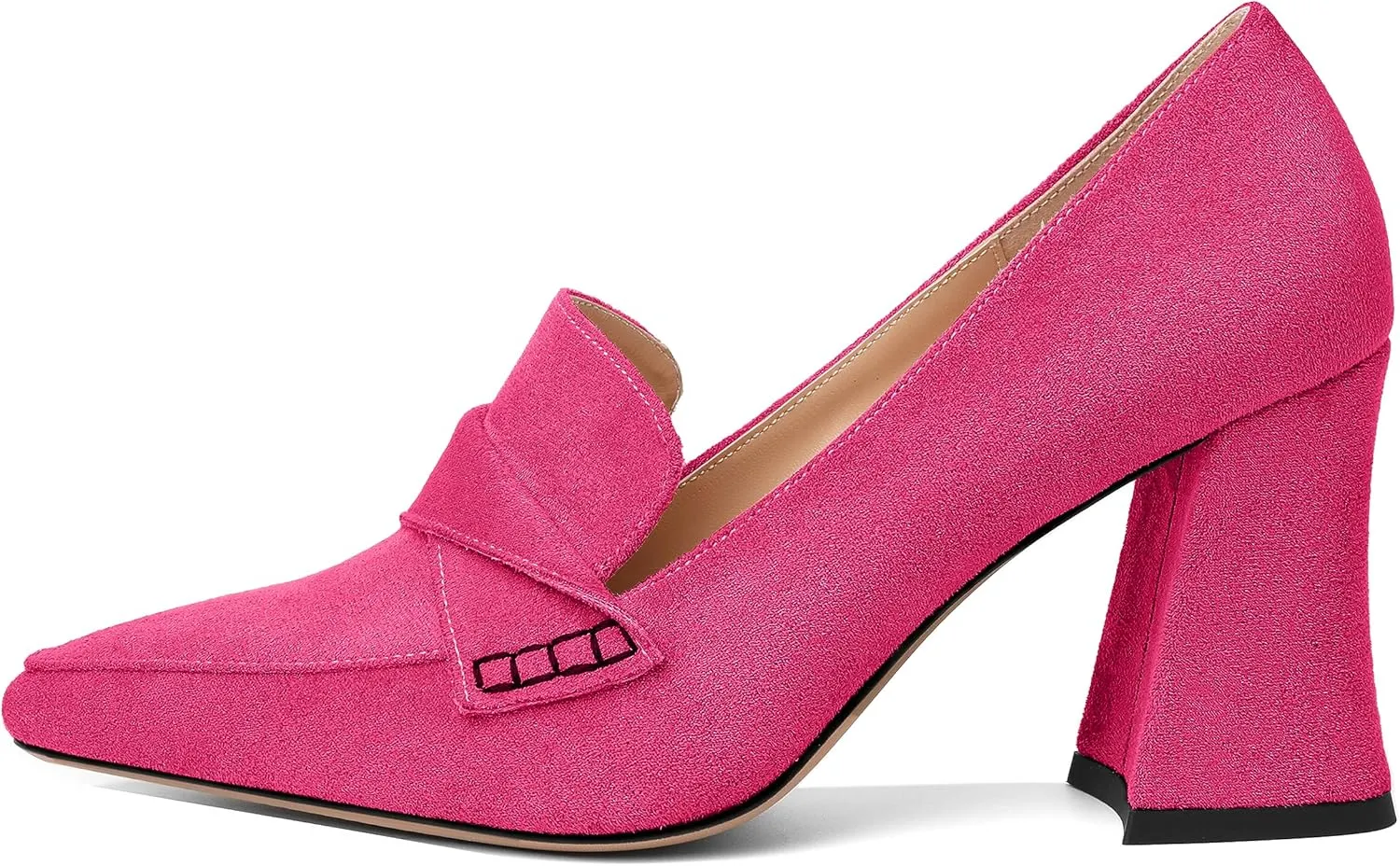Esvowido Women's High Heel Loafers Block Chunky Heels Slip on Pumps Closed Pointed Toe Comfortable Dress Shoes for Work Office 3.5 Inch