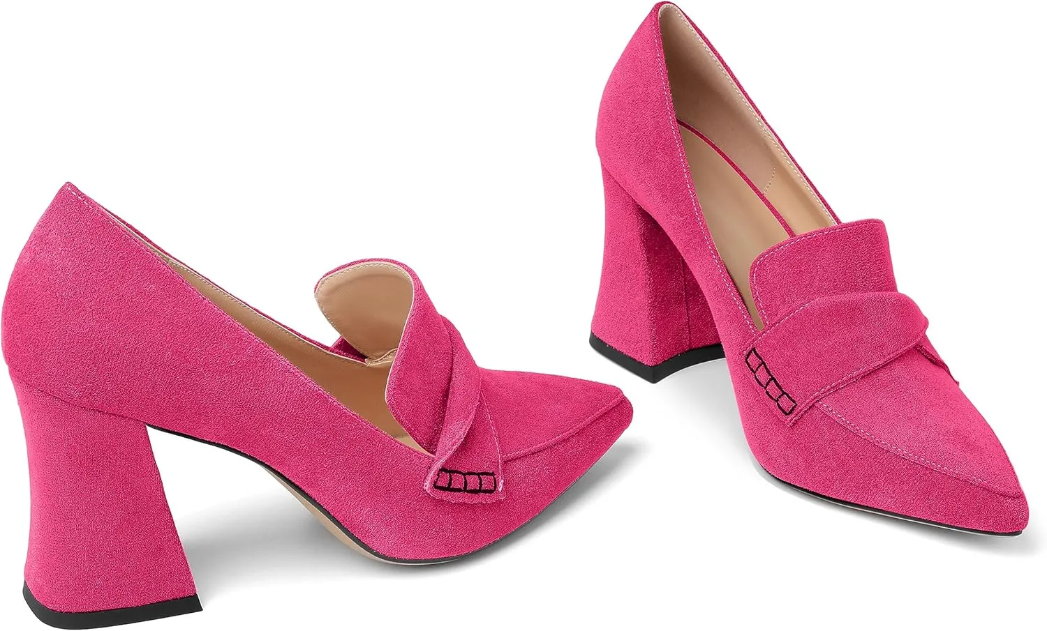 Esvowido Women's High Heel Loafers Block Chunky Heels Slip on Pumps Closed Pointed Toe Comfortable Dress Shoes for Work Office 3.5 Inch