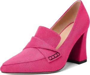 Esvowido Women's High Heel Loafers Block Chunky Heels Slip on Pumps Closed Pointed Toe Comfortable Dress Shoes for Work Office 3.5 Inch