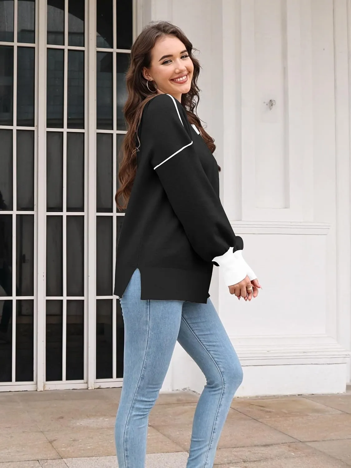 ETCYY Womens Sweaters Fall 2025 Batwing Long Sleeve Side Slit Knit Tops Crew Neck Striped Oversized Sweater Pullover