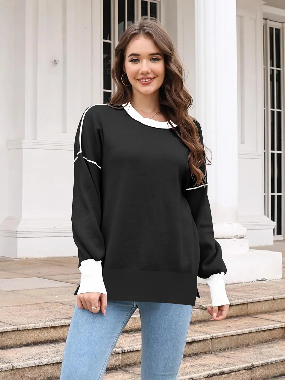 ETCYY Womens Sweaters Fall 2025 Batwing Long Sleeve Side Slit Knit Tops Crew Neck Striped Oversized Sweater Pullover